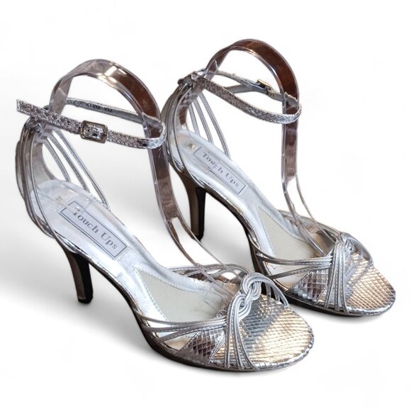 NWOT Touch Ups Silver Vegan Platform Open Toe Heels Size 8M - Picture 2 of 11